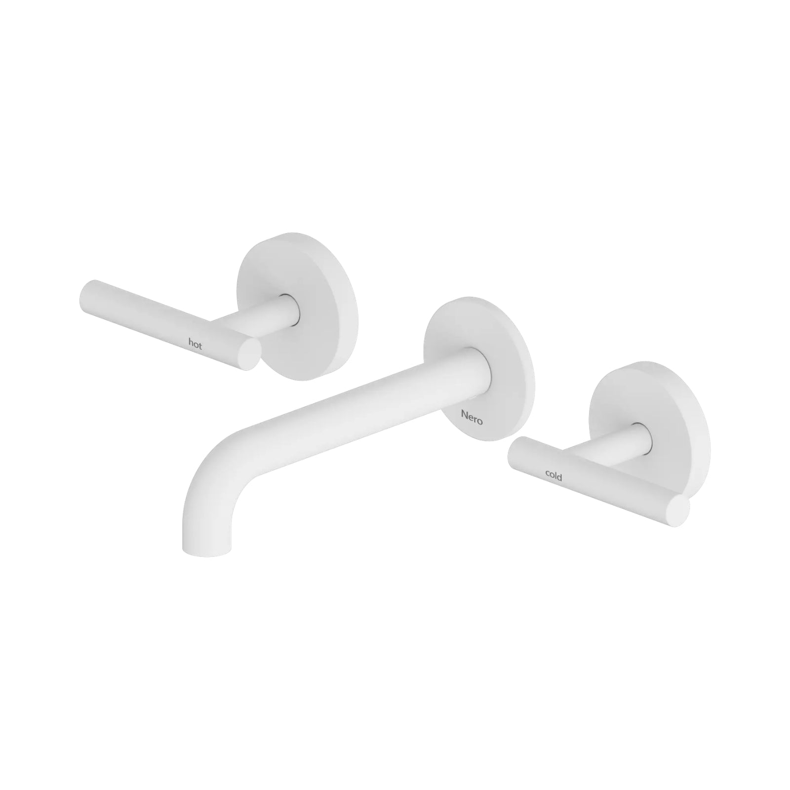Nero Mecca matte white wall basin/bath set with lever handles and curved spout, front view on white background