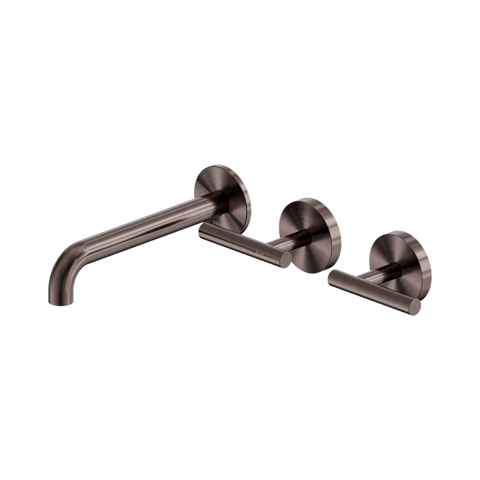 Nero Mecca brushed bronze wall basin/bath tap set with offset spout and lever handles, shown on white background