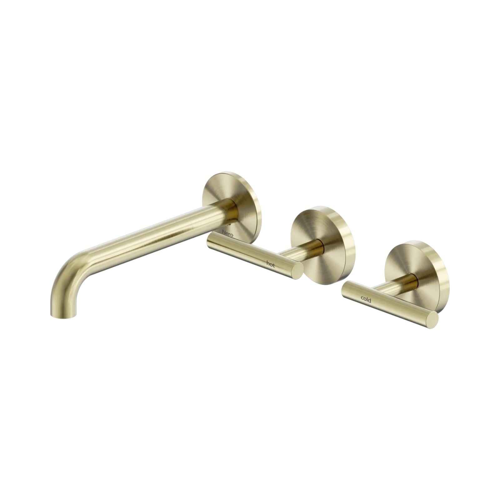 Nero Mecca brushed gold wall basin/bath set with offset spout and separate hot and cold lever handles, three-piece wall-mounted tapware