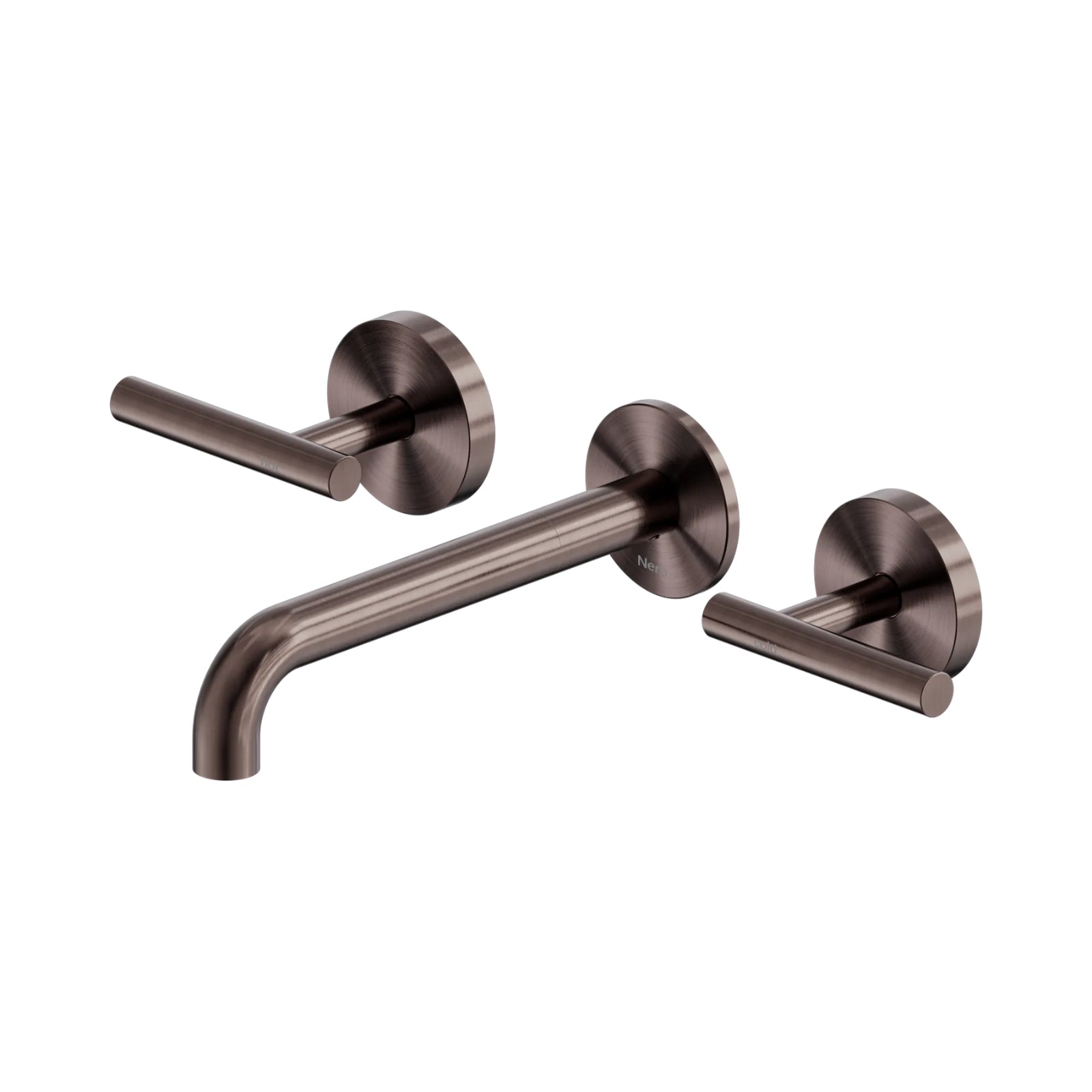 Nero Mecca 3 piece wall basin/bath set with 185mm spout in brushed bronze, front view