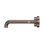 Nero Mecca wall basin/bath spout in brushed bronze, side view with round wall plate and curved 185mm outlet