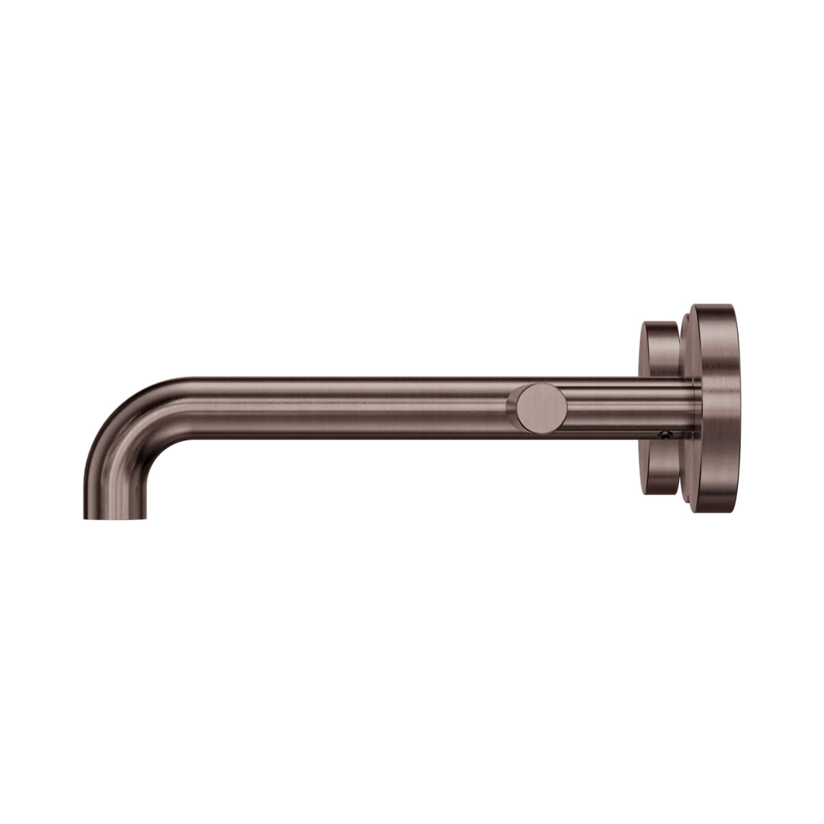 Nero Mecca wall basin/bath spout in brushed bronze, side view with round wall plate and curved 185mm outlet