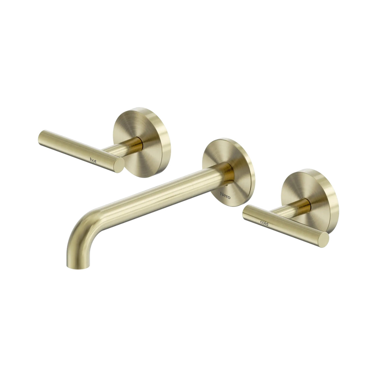 Nero Mecca wall basin/bath set in brushed gold, with 185mm curved spout and two lever handles on round backplates