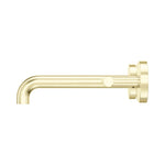 Nero Mecca wall basin/bath tap spout in brushed gold, side view with cylindrical wall plate and 185mm curved spout