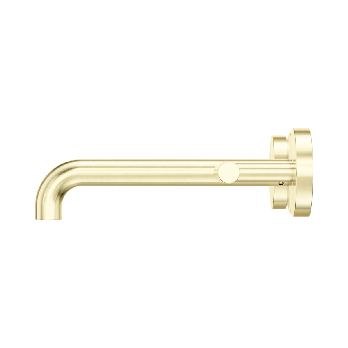 Nero Mecca wall basin/bath tap spout in brushed gold, side view with cylindrical wall plate and 185mm curved spout