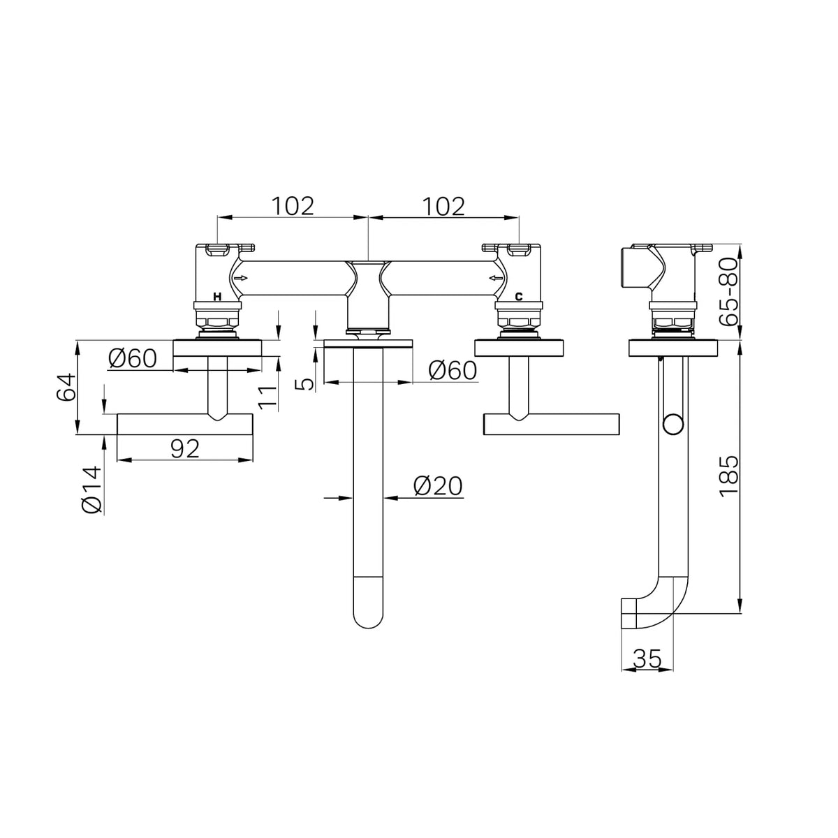 Nero Mecca wall basin/bath set technical drawing, brushed gold 185mm spout, 3 piece wall-mounted tap dimensions shown