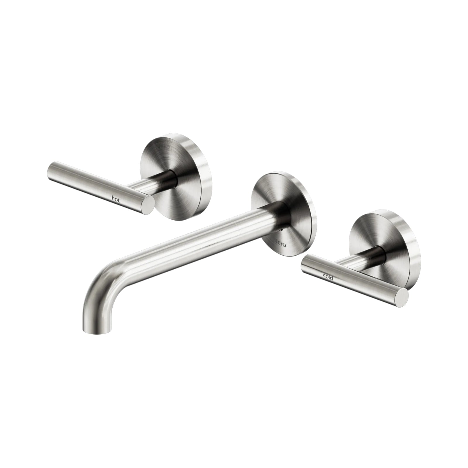 Nero Mecca brushed nickel wall basin/bath tap set with lever handles and 185mm spout, front view