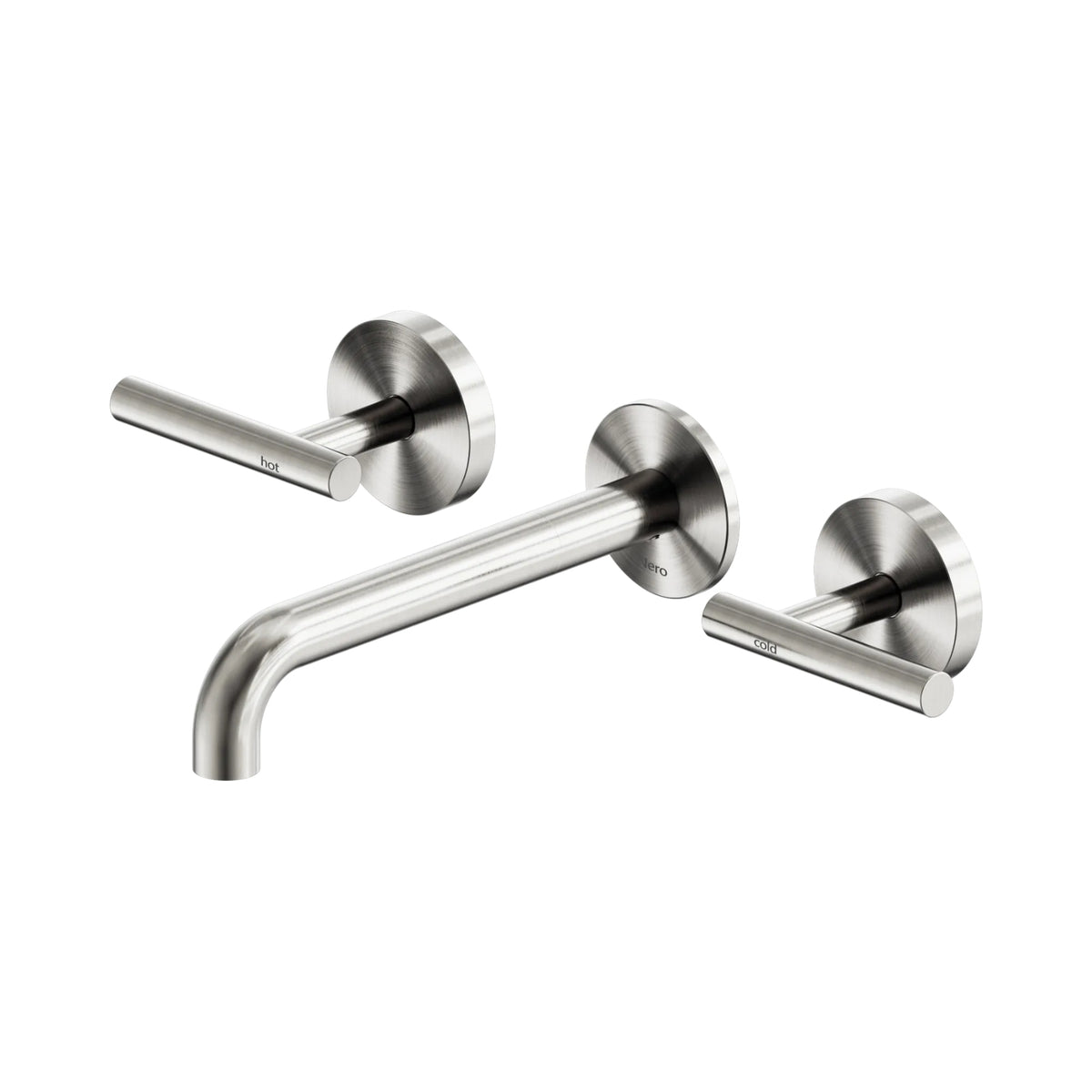 Nero Mecca brushed nickel wall basin/bath tap set with lever handles and 185mm spout, front view