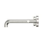 Nero Mecca wall basin/bath spout in brushed nickel, side view with round wall plates and lever handle close-up