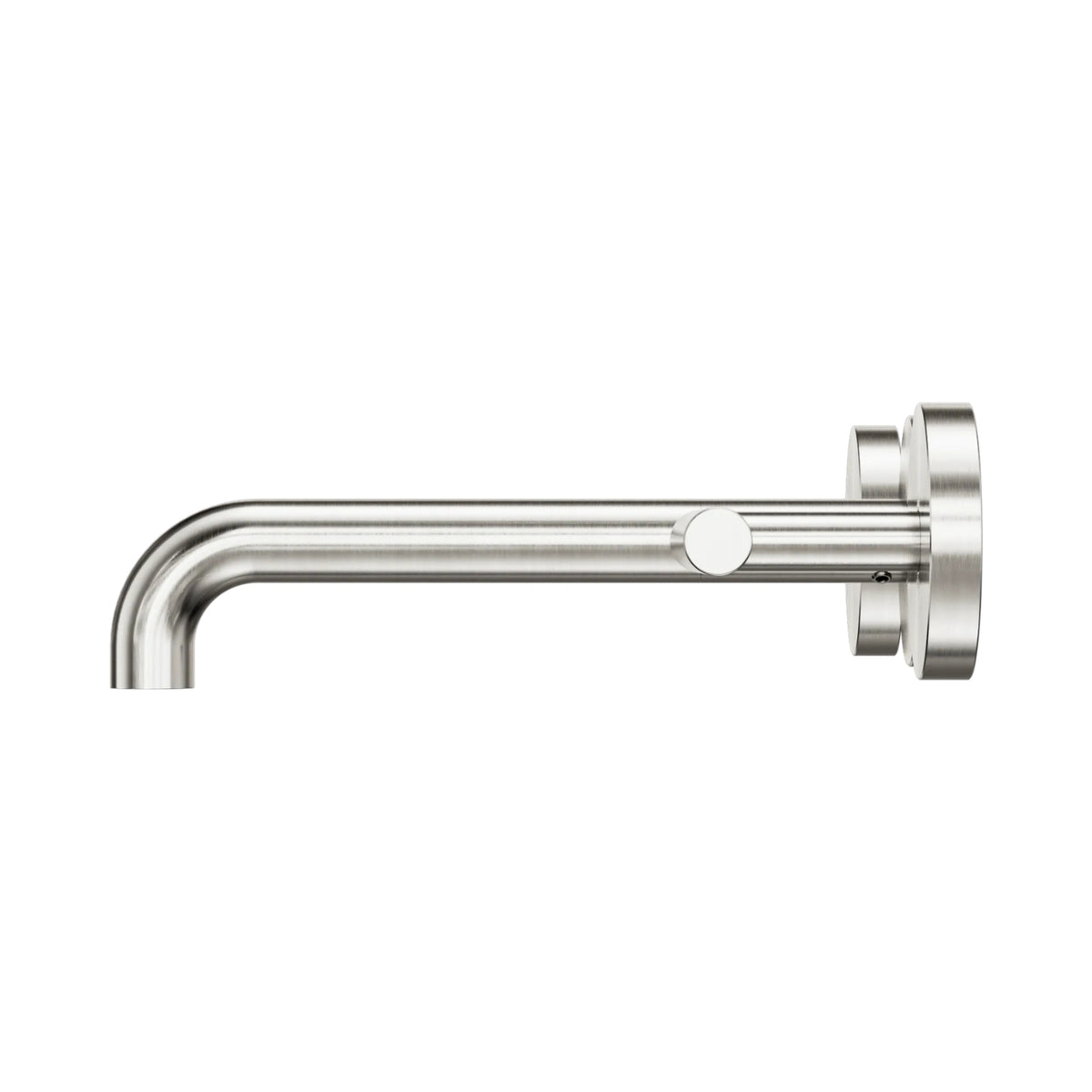 Nero Mecca wall basin/bath spout in brushed nickel, side view with round wall plates and lever handle close-up