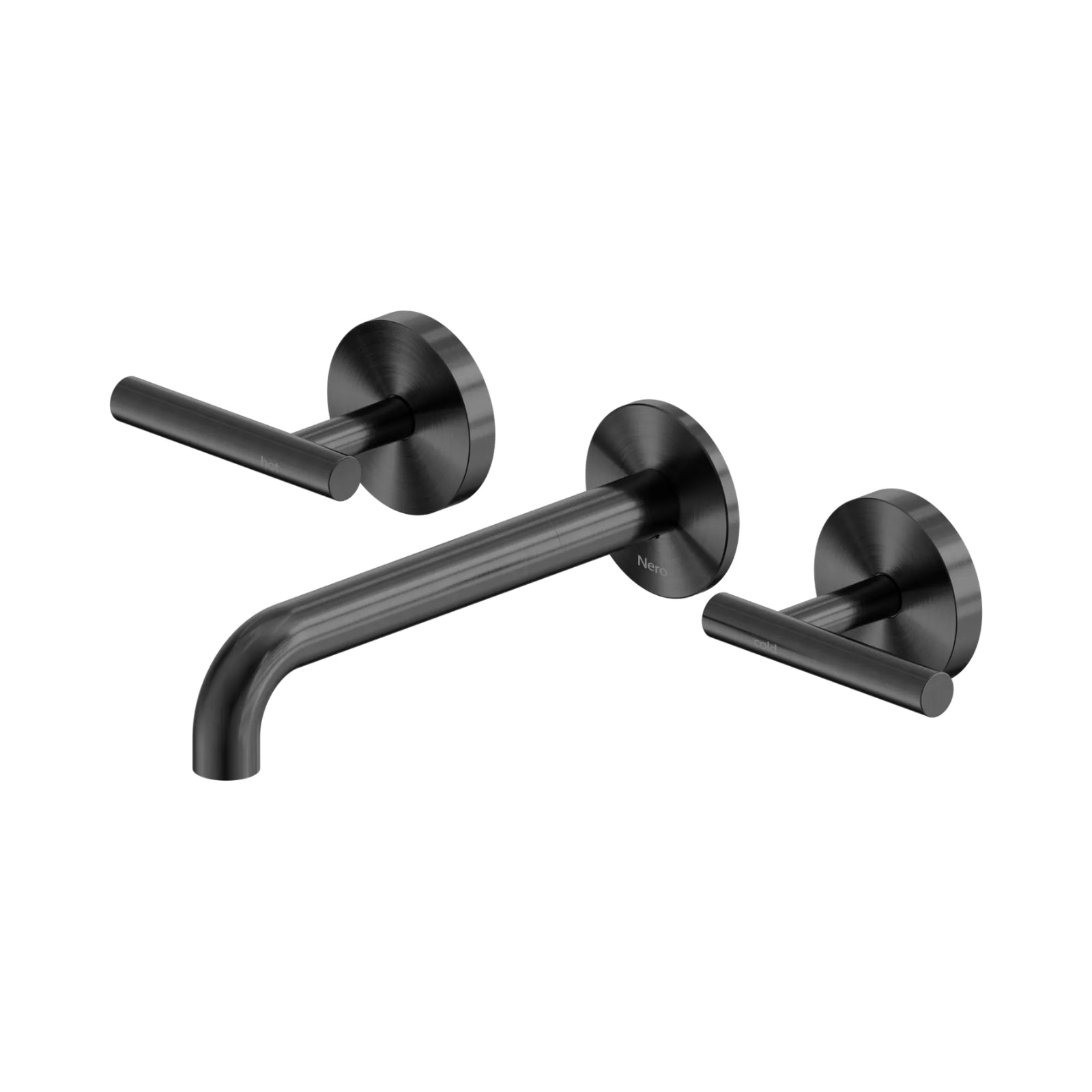 Nero Mecca 3 piece wall basin/bath tap set in gunmetal, with lever handles and 185mm spout, on white background