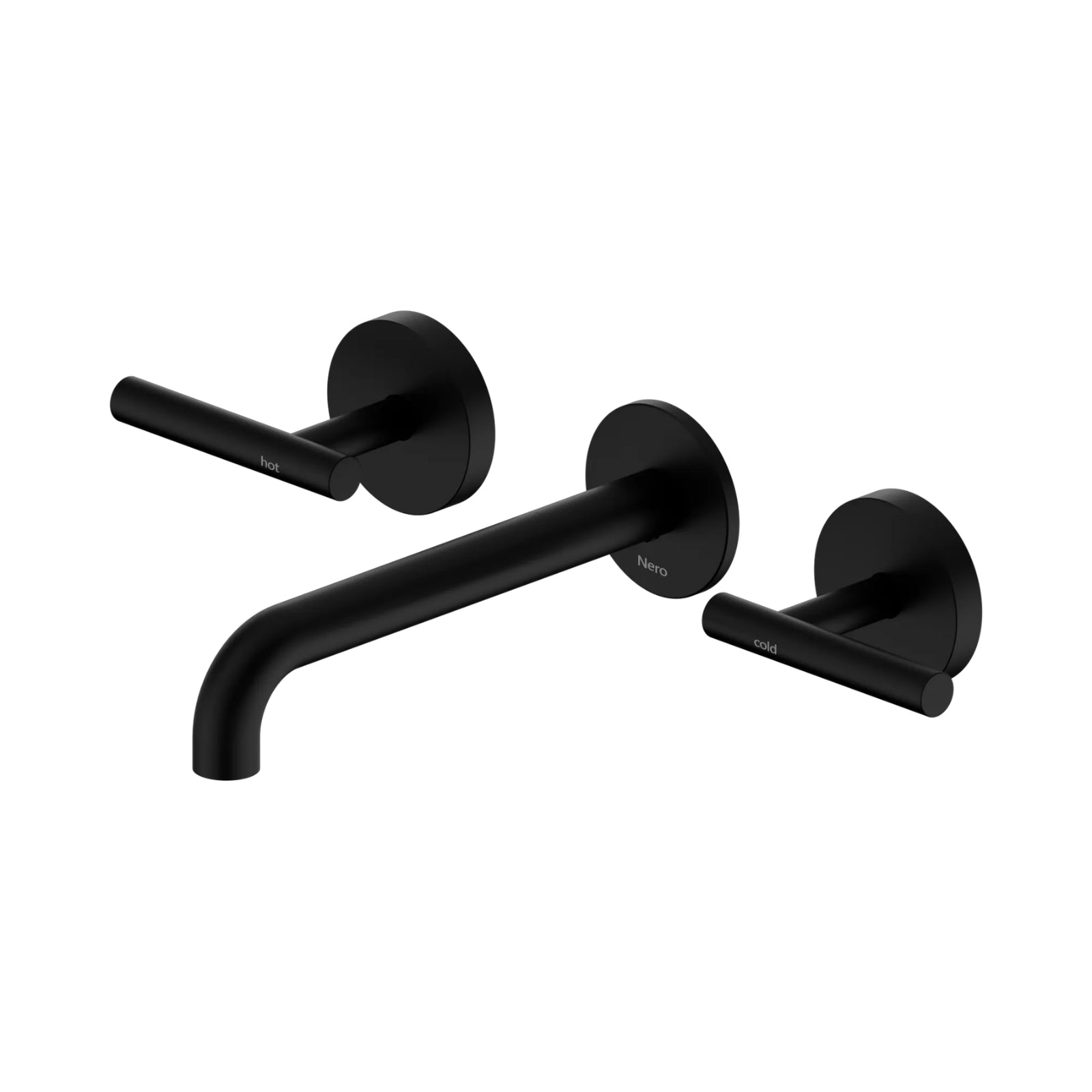 Nero Mecca 3 piece wall basin/bath set in matte black, with 185mm spout and lever handles on round wall plates.