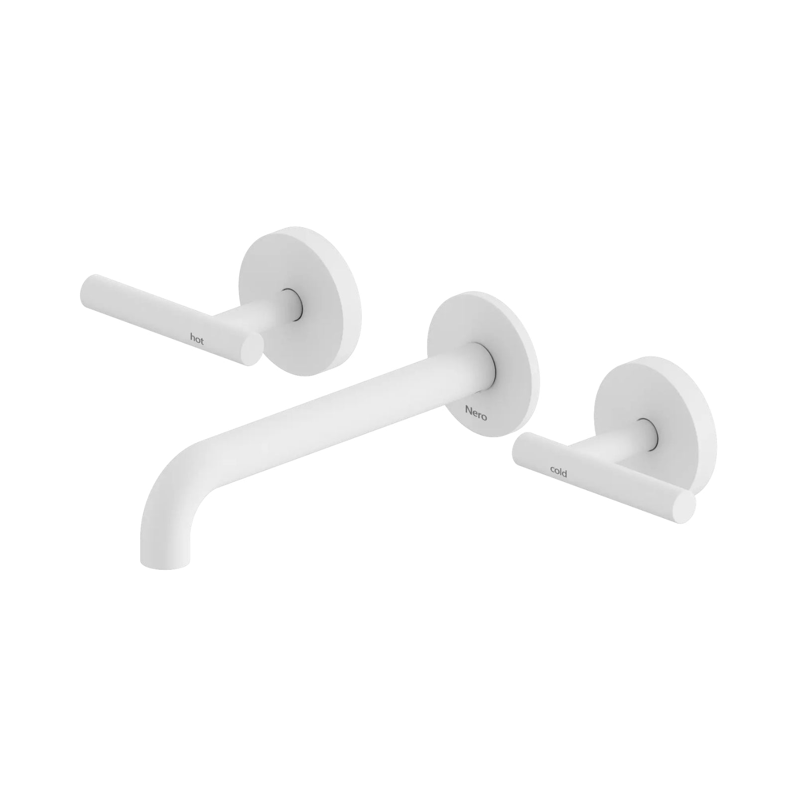 Nero Mecca wall basin/bath set in matte white with 185mm spout, three-piece lever tapware shown on white background