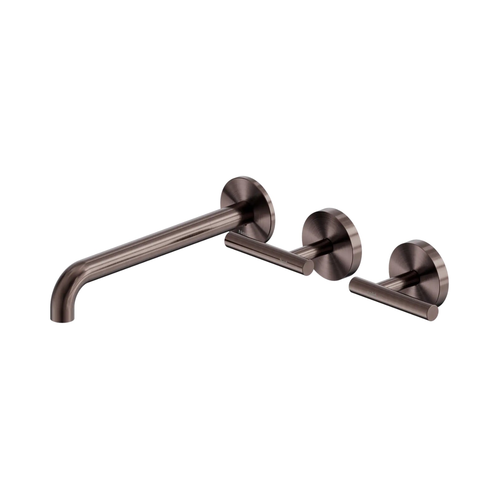 Nero Mecca wall basin/bath tap set in brushed bronze, with offset spout and three round wall plates
