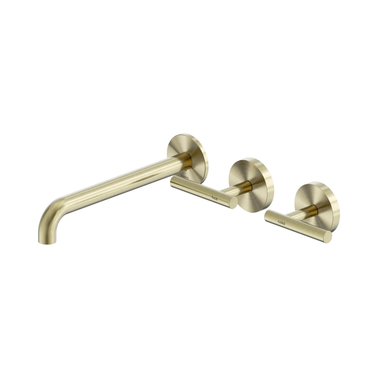 Nero Mecca wall basin/bath set in brushed gold, with 220mm offset spout and hot/cold lever handles on round wall plates