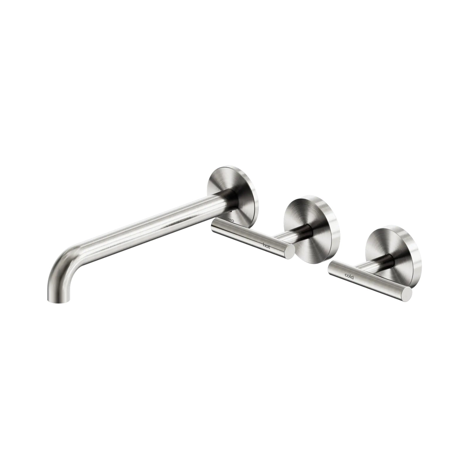 Nero Mecca 3 piece wall basin/bath set in brushed nickel with offset spout and hot/cold lever handles