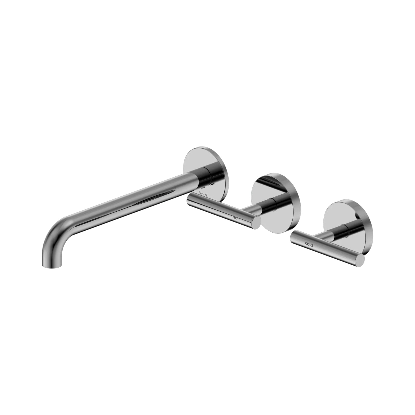 Nero Mecca wall-mounted 3-piece basin/bath set in chrome, with 220mm offset spout and hot/cold lever trims