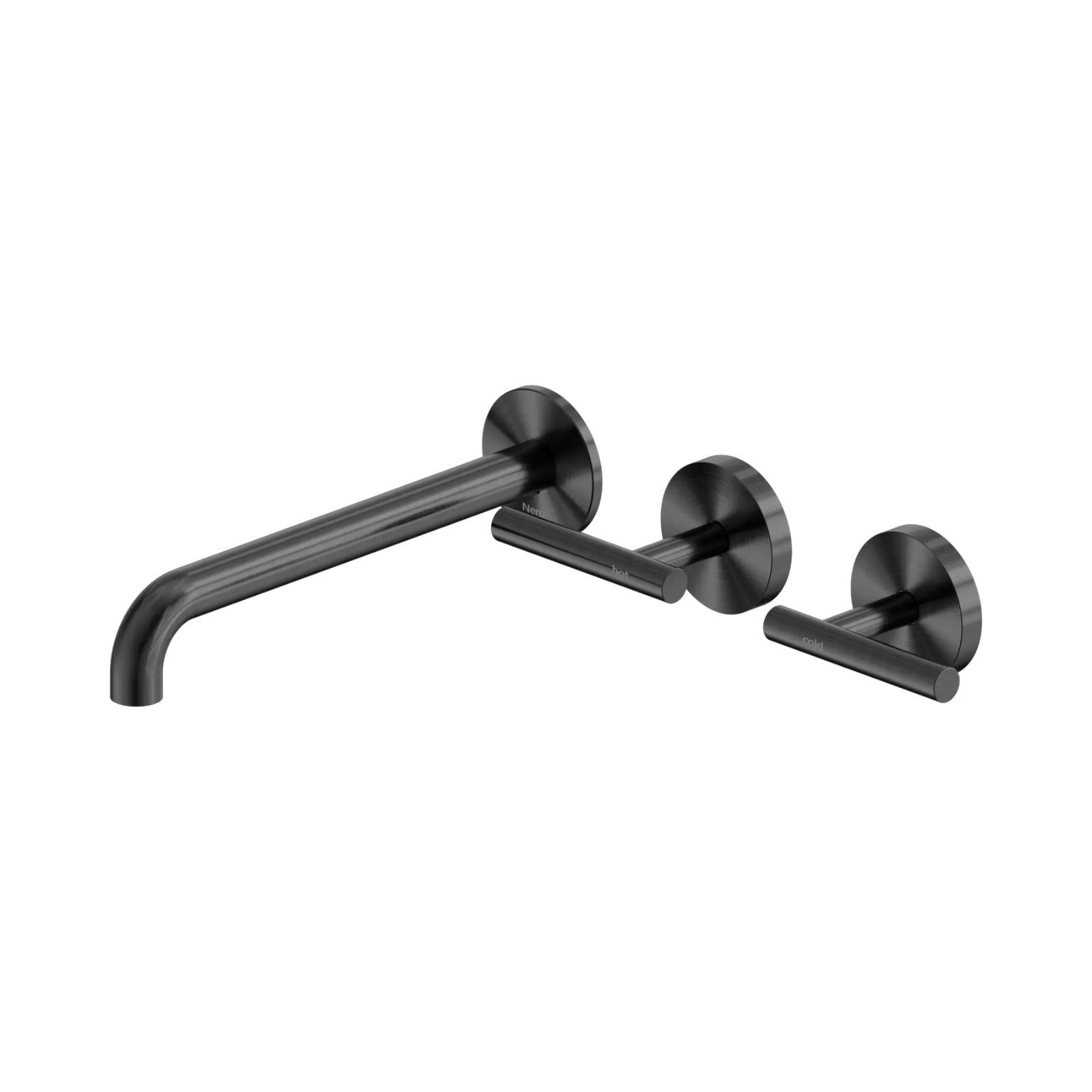 Nero Mecca gunmetal wall basin/bath set with 220mm offset spout and hot, cold lever handles, on white background