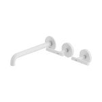 Nero Mecca matte white wall basin/bath tap set with 220mm offset spout and lever hot and cold handles on round wall plates