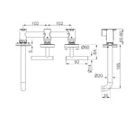 Nero Mecca wall basin/bath tap set technical drawing, matte white, 220mm offset spout with lever handles and dimensions