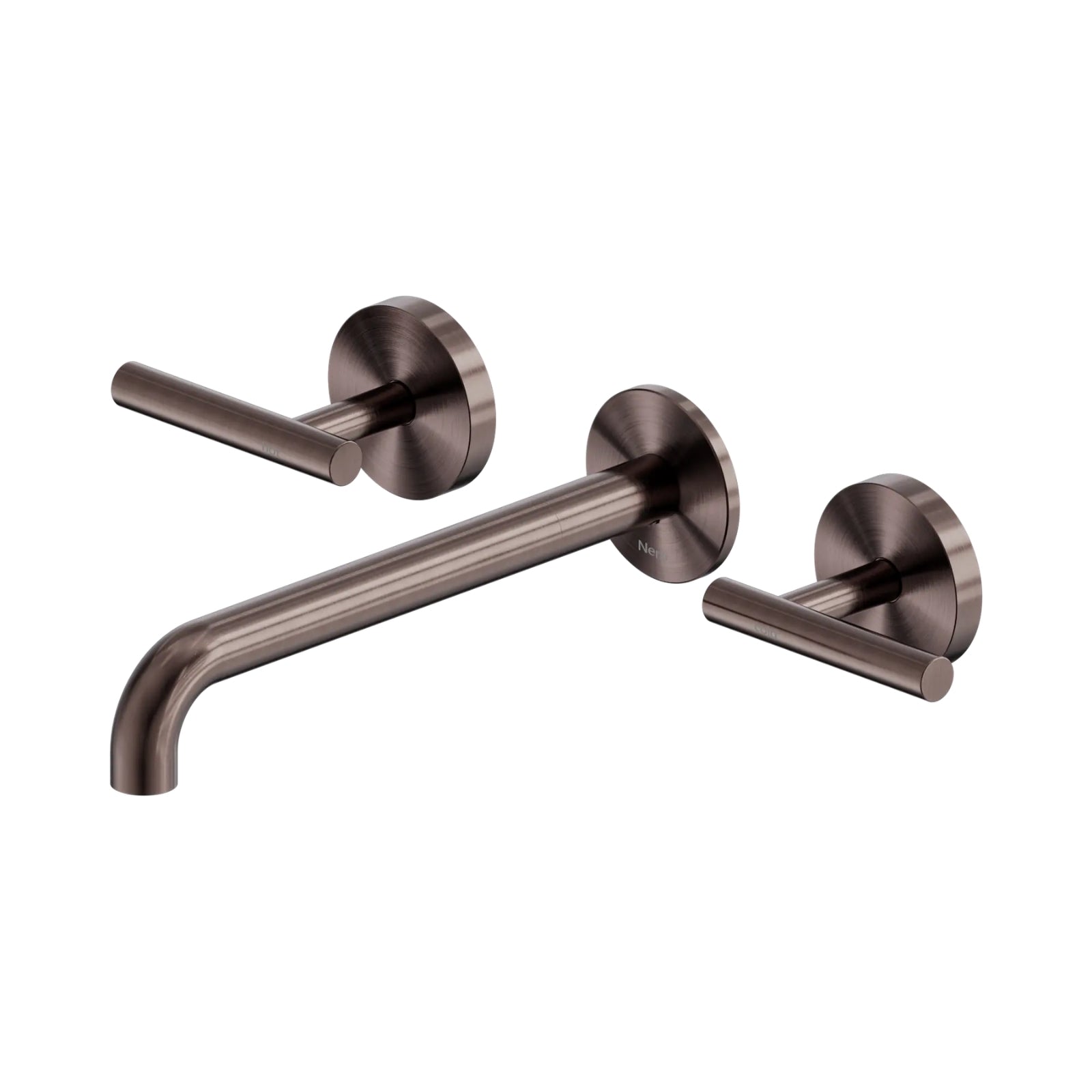 Nero Mecca 3-piece wall basin/bath set in brushed bronze, with lever handles and 220mm curved spout on white background