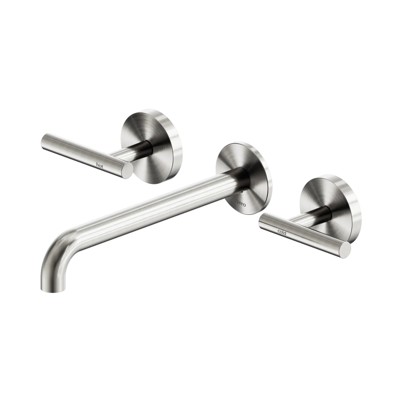 Nero Mecca brushed nickel wall basin/bath set with lever handles and 220mm curved spout, front view on white background