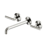 Nero Mecca brushed nickel wall basin/bath set with lever handles and 220mm curved spout, front view on white background