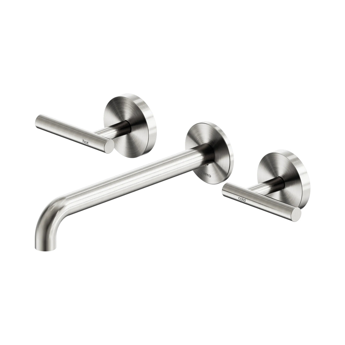 Nero Mecca brushed nickel wall basin/bath set with lever handles and 220mm curved spout, front view on white background