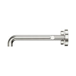 Nero Mecca wall basin/bath spout in brushed nickel, 220mm, side view with round wall plate and lever detail