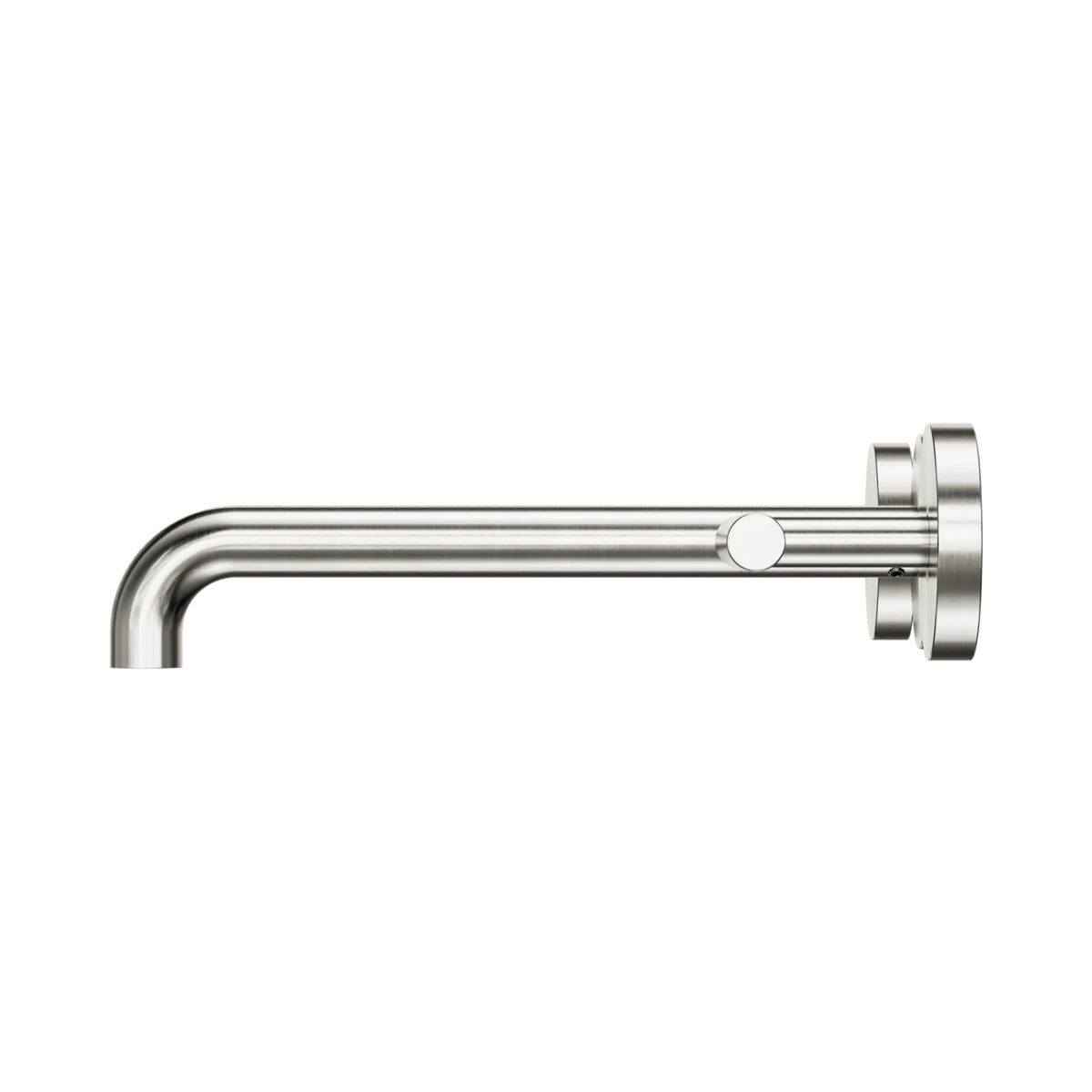 Nero Mecca wall basin/bath spout in brushed nickel, 220mm, side view with round wall plate and lever detail