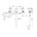 Technical drawing of Nero Mecca wall basin/bath set with 220mm spout, lever handles and dimensions in black linework