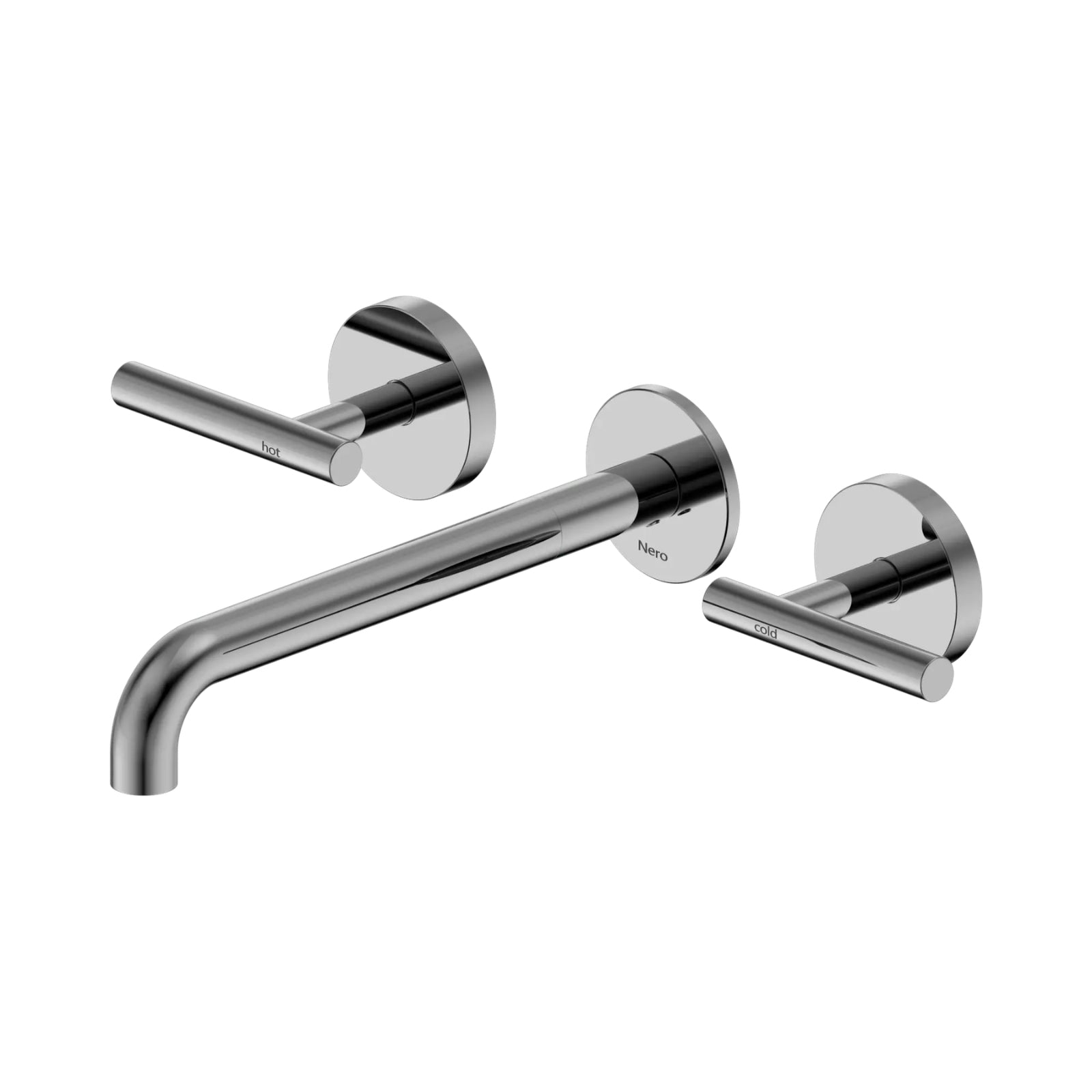 Nero Mecca chrome wall basin/bath set with round wall plates, lever handles and 220mm curved spout