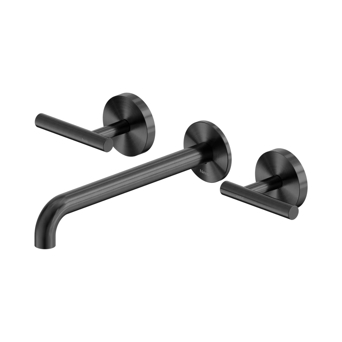 Nero Mecca gun metal wall basin/bath tap set with 220mm spout and lever handles, wall mounted 3 piece design