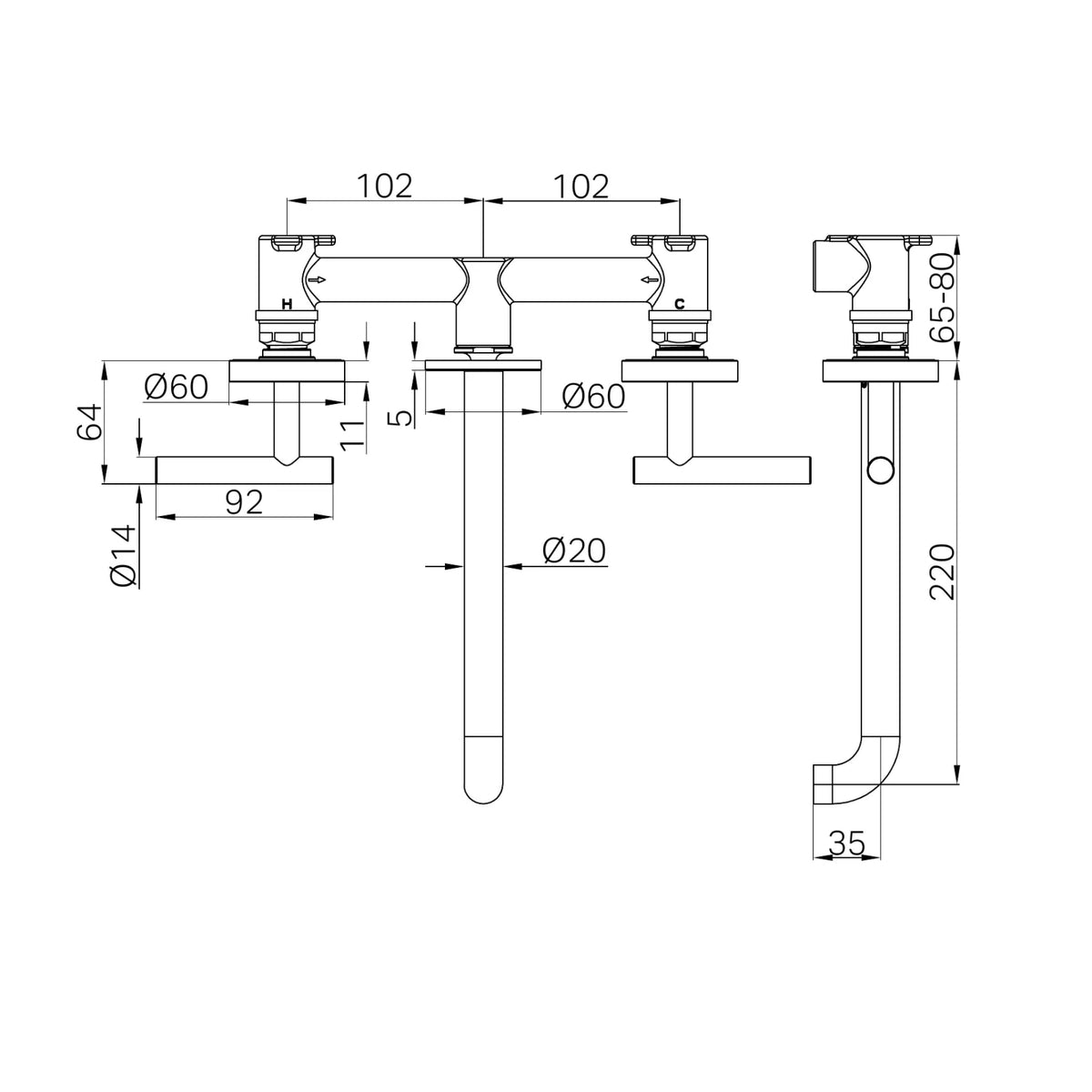 Nero Mecca wall basin/bath tap technical drawing, 220mm spout, gun metal, with dimensions and side/front views