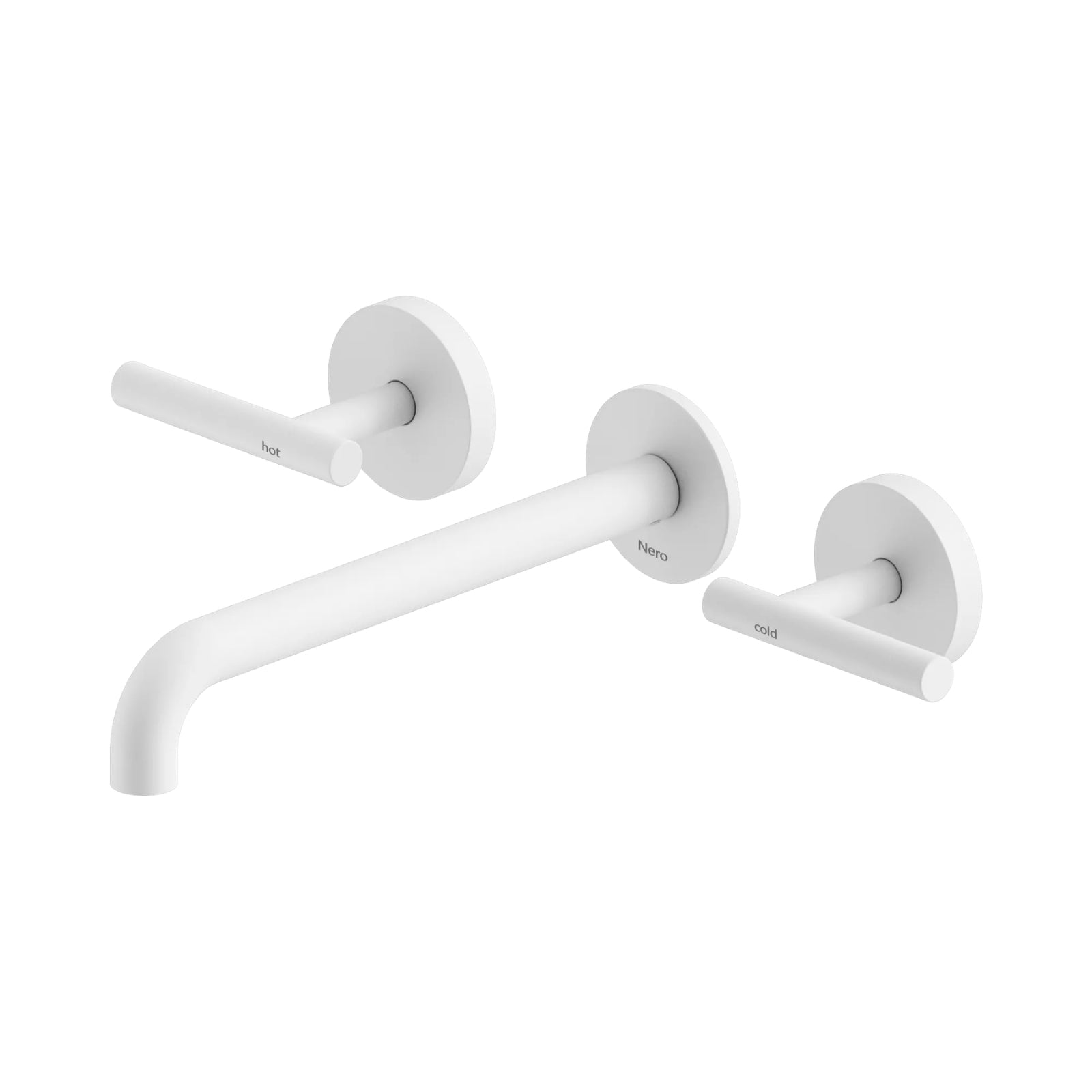 Nero Mecca matte white wall basin/bath set with 220mm spout and hot/cold lever handles on round plates