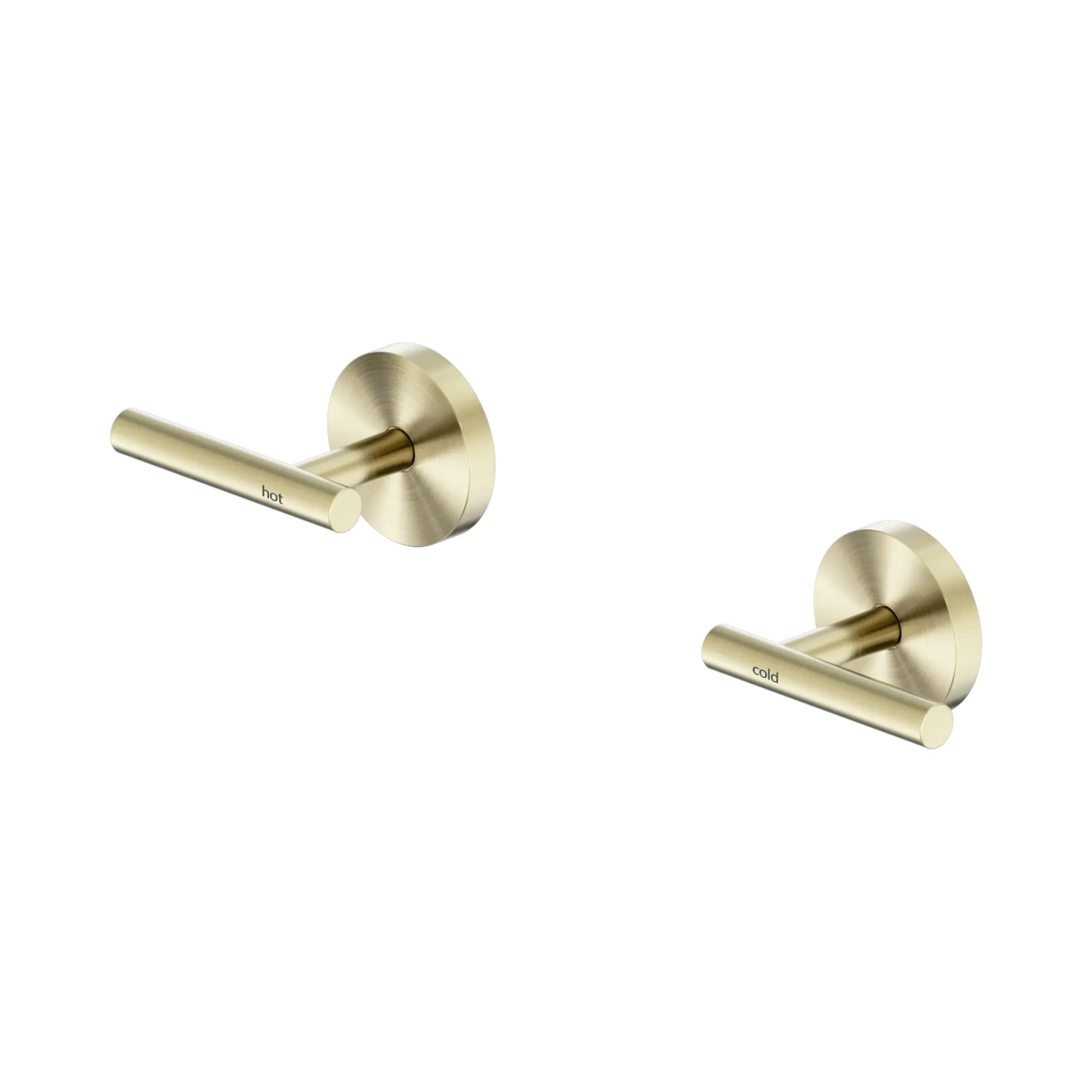 Nero Mecca brushed gold wall top assembly with hot and cold lever handles on a white background