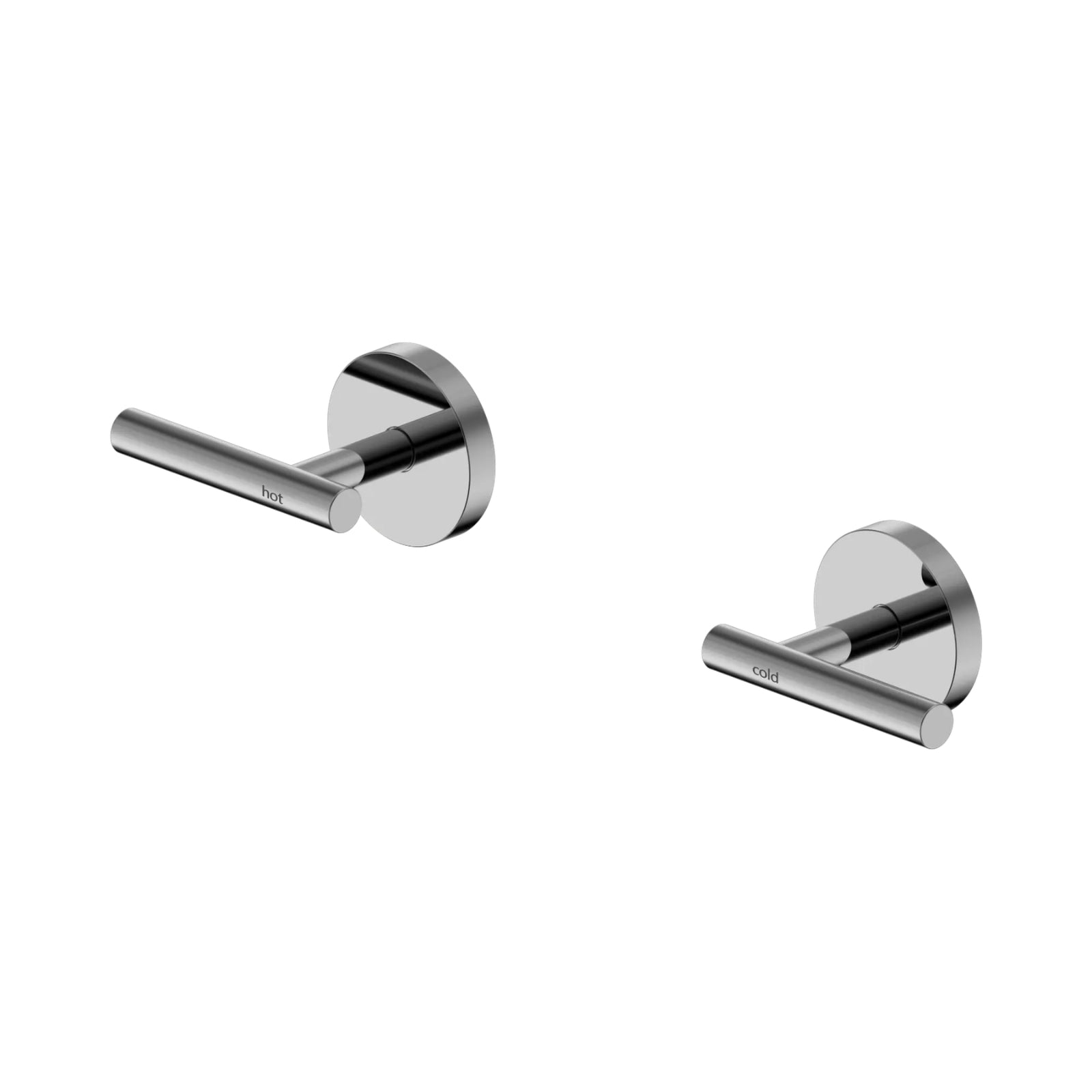 Nero Mecca chrome wall top tap handles, hot and cold lever sets on round wall plates