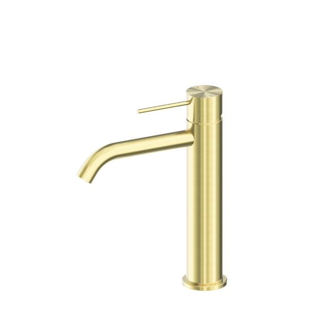 Nero Mecca mid tall basin mixer in brushed gold, single lever tap with round spout on white background