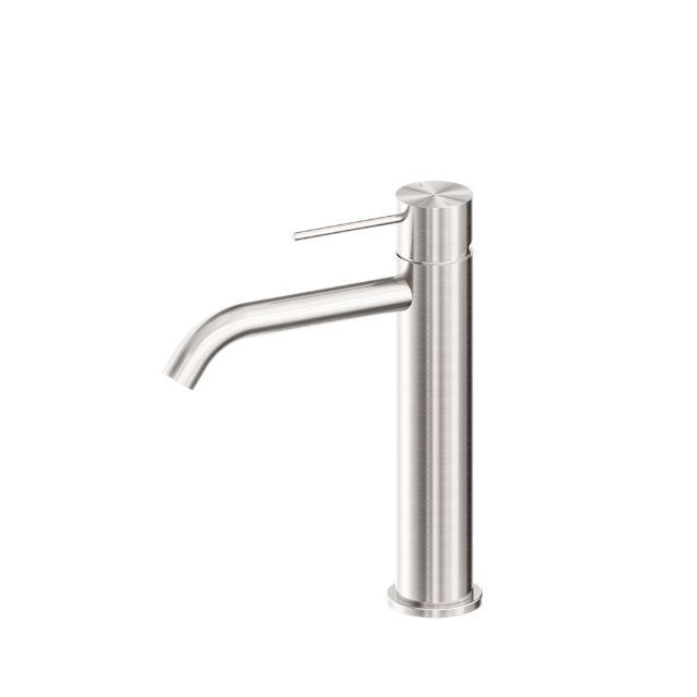 Nero Mecca mid tall basin mixer in brushed nickel, side view with curved spout and single lever handle