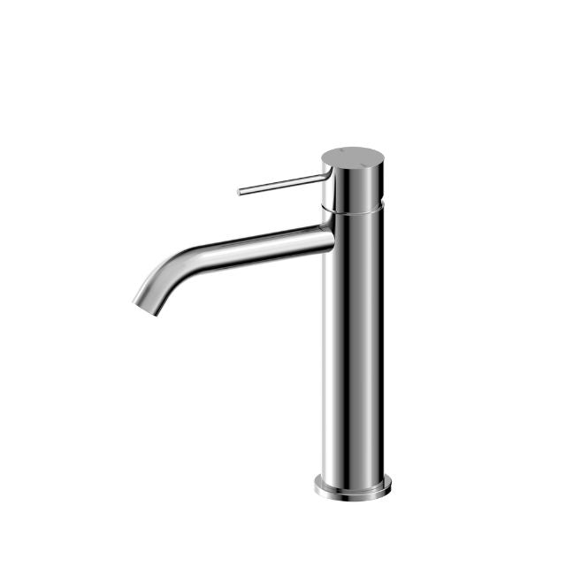 Nero Mecca mid tall basin mixer tap in chrome, single lever, modern cylindrical design, front view on white background