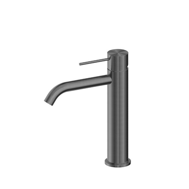 Nero Mecca mid tall basin mixer in gun metal, hob mounted with curved spout and lever handle