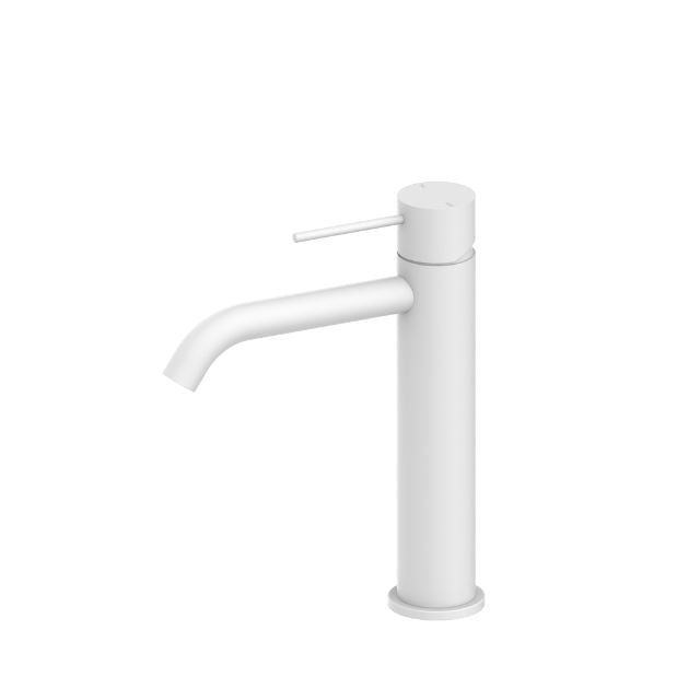 Nero Mecca mid tall basin mixer in matte white, hob mounted with curved spout and slim lever handle