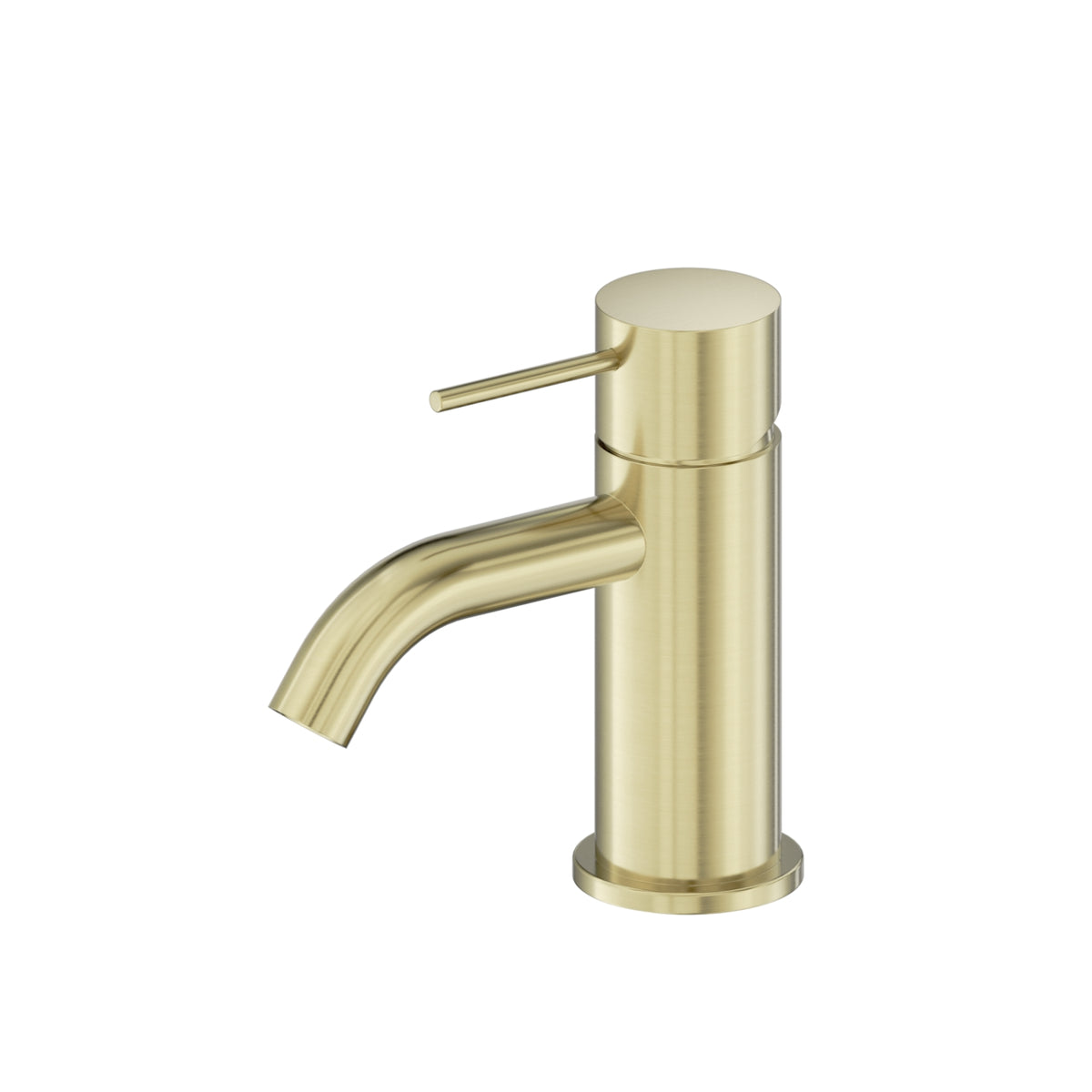 Nero Mecca Mini Basin Mixer in brushed gold, shown front-on on a white background, with curved spout and slim lever handle