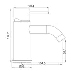 Nero Mecca Mini Basin Mixer technical drawing, side view, with dimensions in millimetres, including 137.7mm height and 104.5mm spout reach