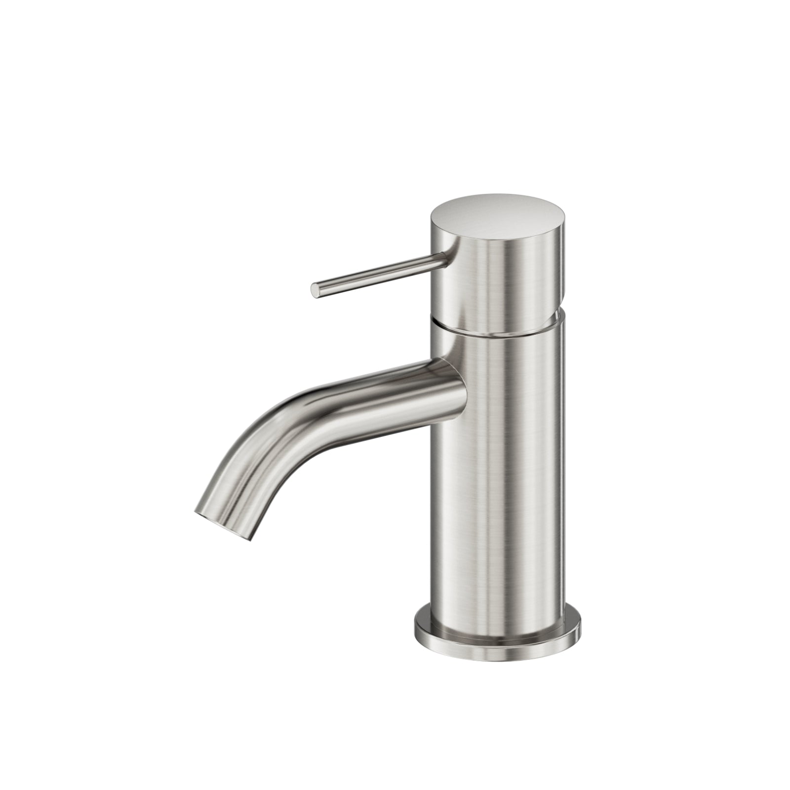 Nero Mecca Mini Basin Mixer in brushed nickel, compact round bathroom tap with curved spout on white background