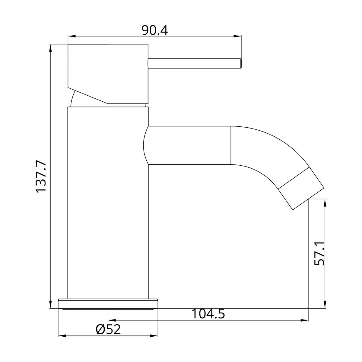 Technical drawing of Nero Mecca Mini Basin Mixer, side view, gun metal finish, with dimensions and measurements marked
