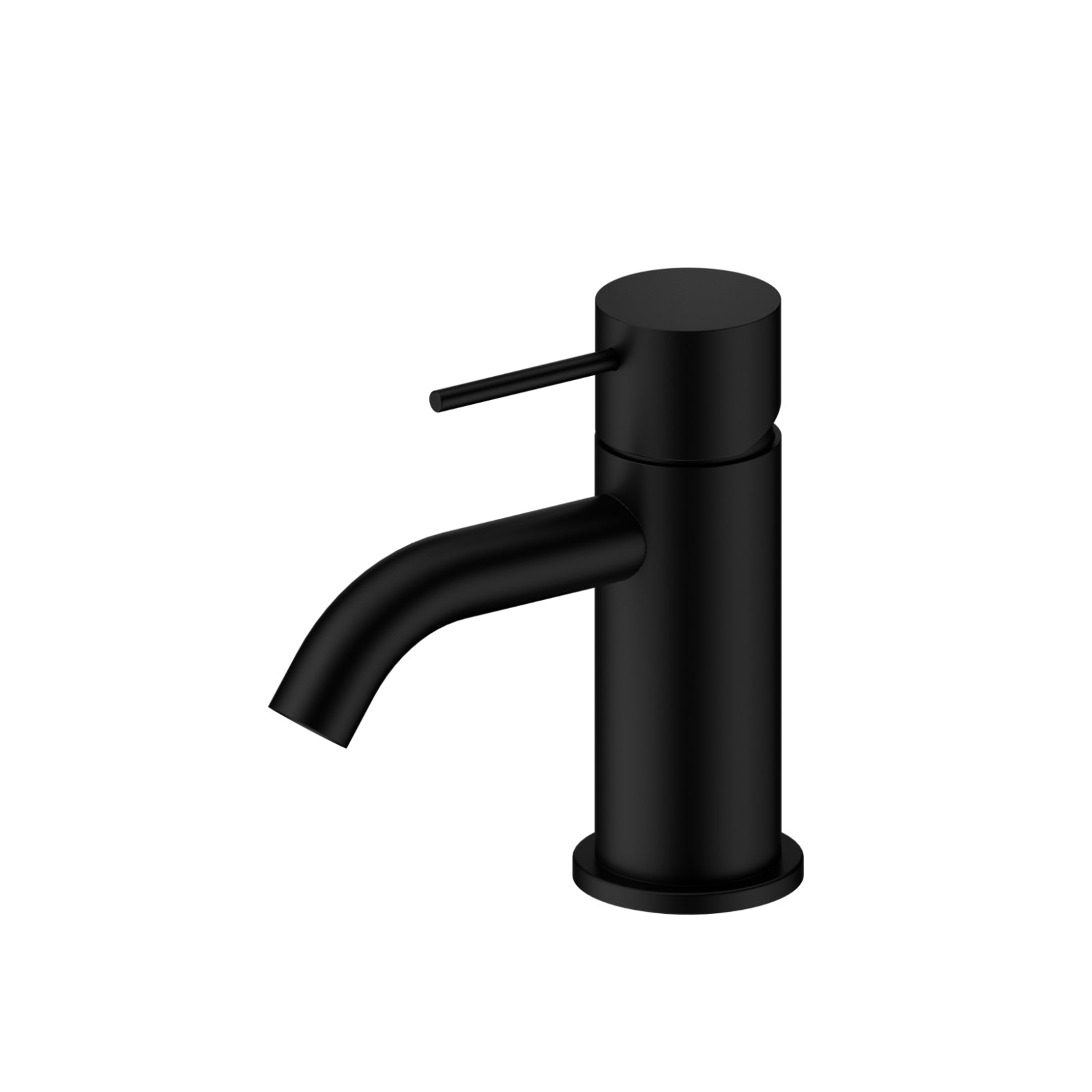 Nero Mecca mini basin mixer tap in matte black, with compact cylindrical body and curved spout on white background