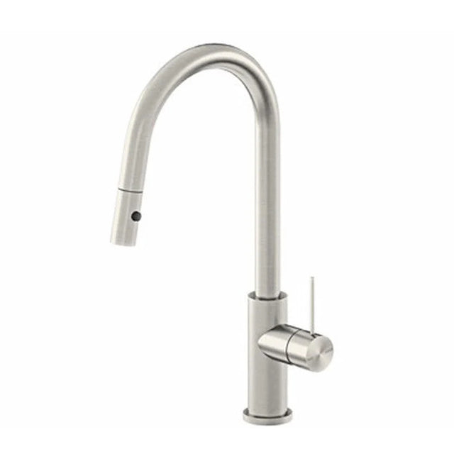 Nero Mecca pull-out sink mixer with vegie spray in brushed nickel, shown on a white background.
