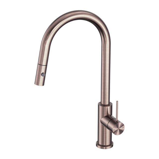 Nero Mecca pull out sink mixer in brushed bronze with vegie spray, shown on white background