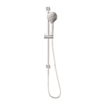 Nero Mecca brushed nickel rail shower with round hand shower and hose, wall-mounted on white background